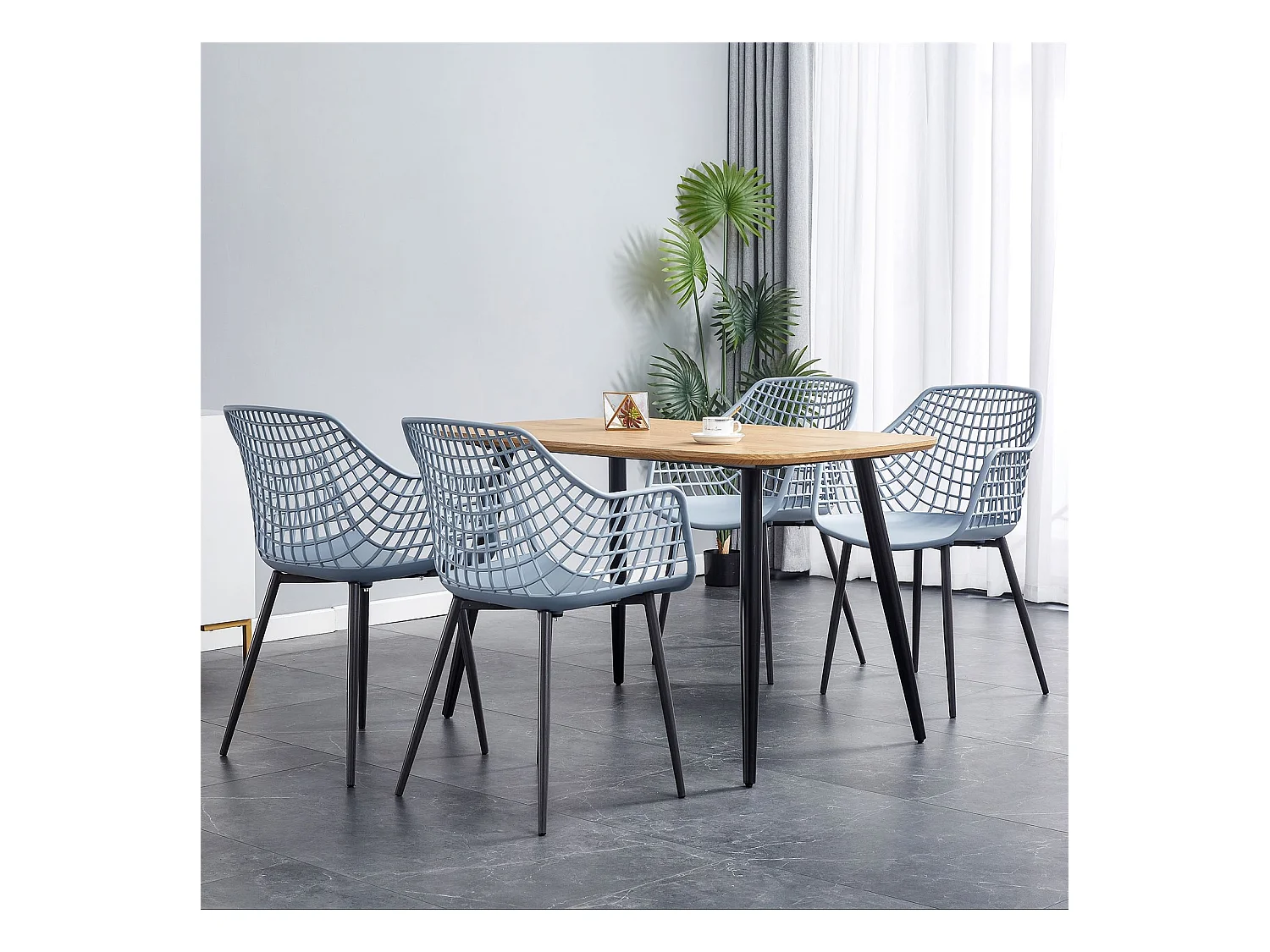 Lot de 4 chaises LUCIA pour salle à manger ou cuisine au design retro avec accoudoirs, coque en plastique gris clair