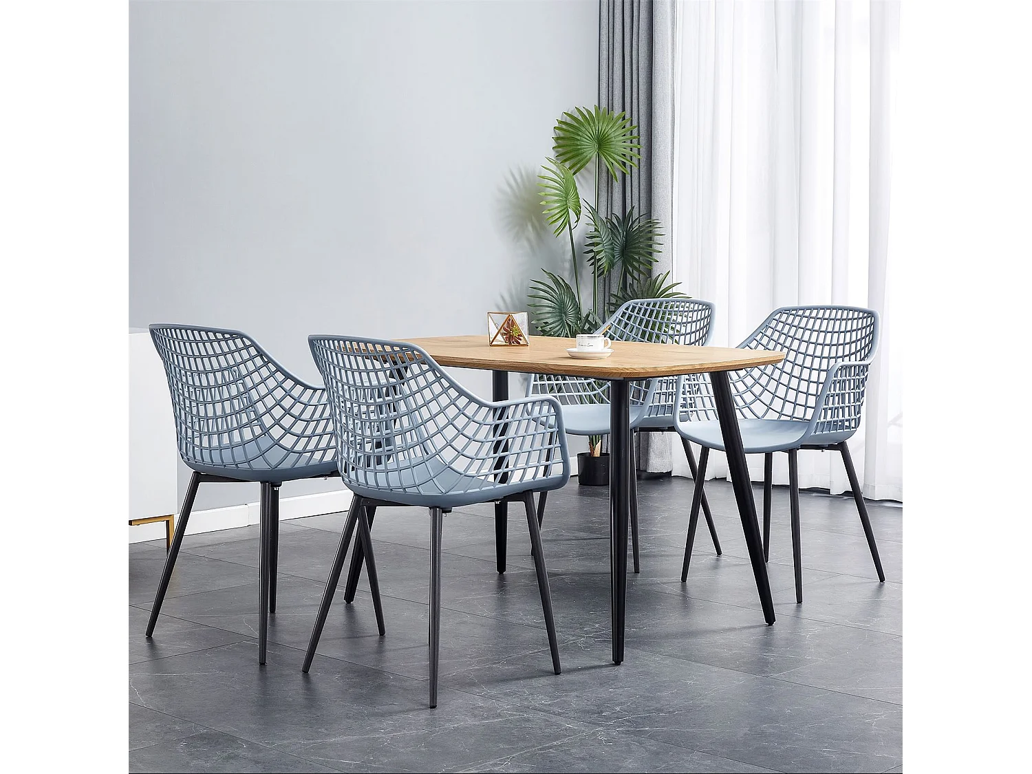 Lot de 4 chaises LUCIA pour salle à manger ou cuisine au design retro avec accoudoirs, coque en plastique gris clair