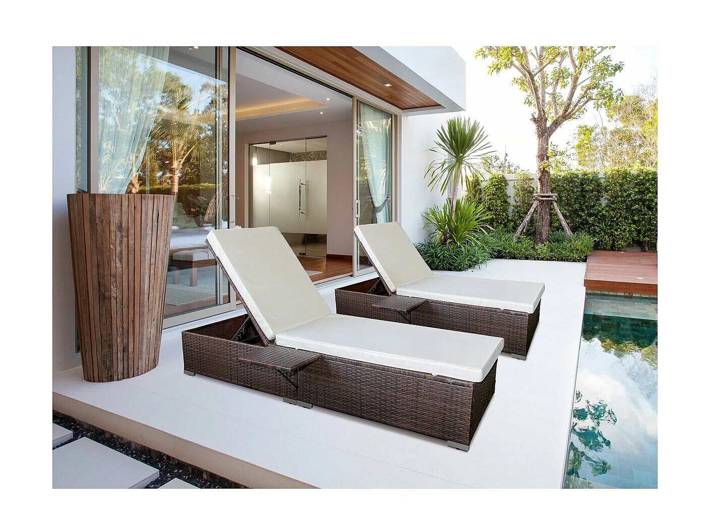 Lot de 2 bains de soleil en résine tressée avec coussins "Alice" - Beige