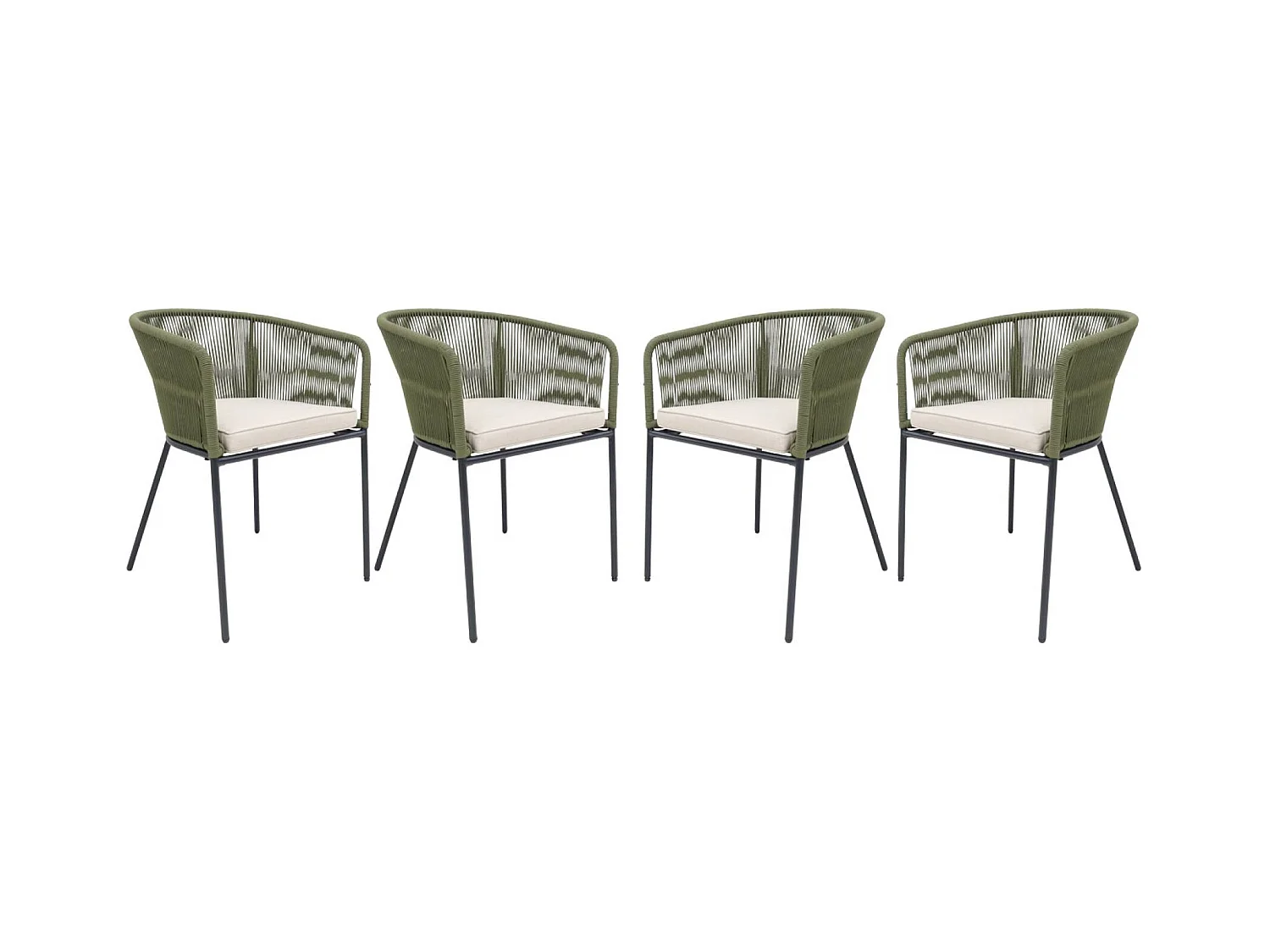 Lot de 4 fauteuils de jardin en corde kaki et acier galvanisé. coussins beige