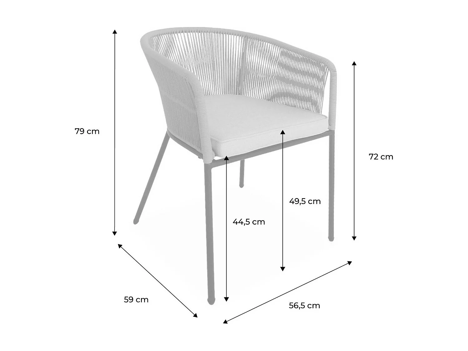 Lot de 4 fauteuils de jardin en corde kaki et acier galvanisé. coussins beige