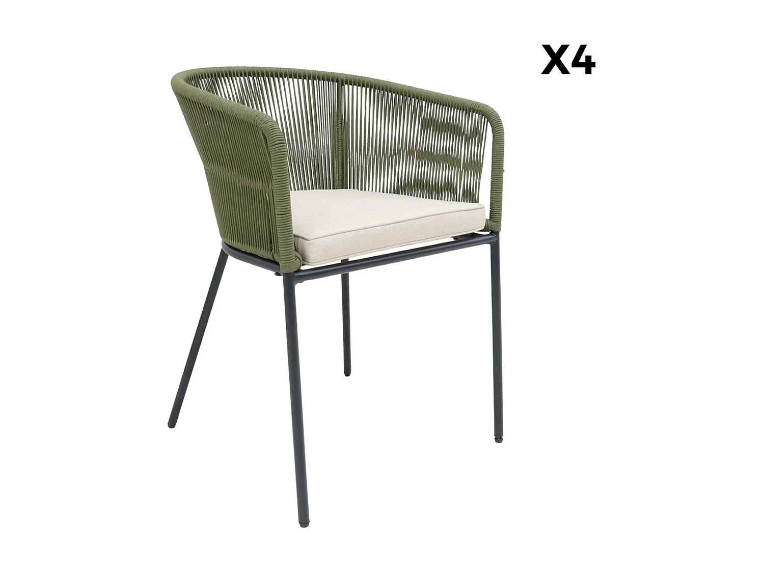 Lot de 4 fauteuils de jardin en corde kaki et acier galvanisé. coussins beige