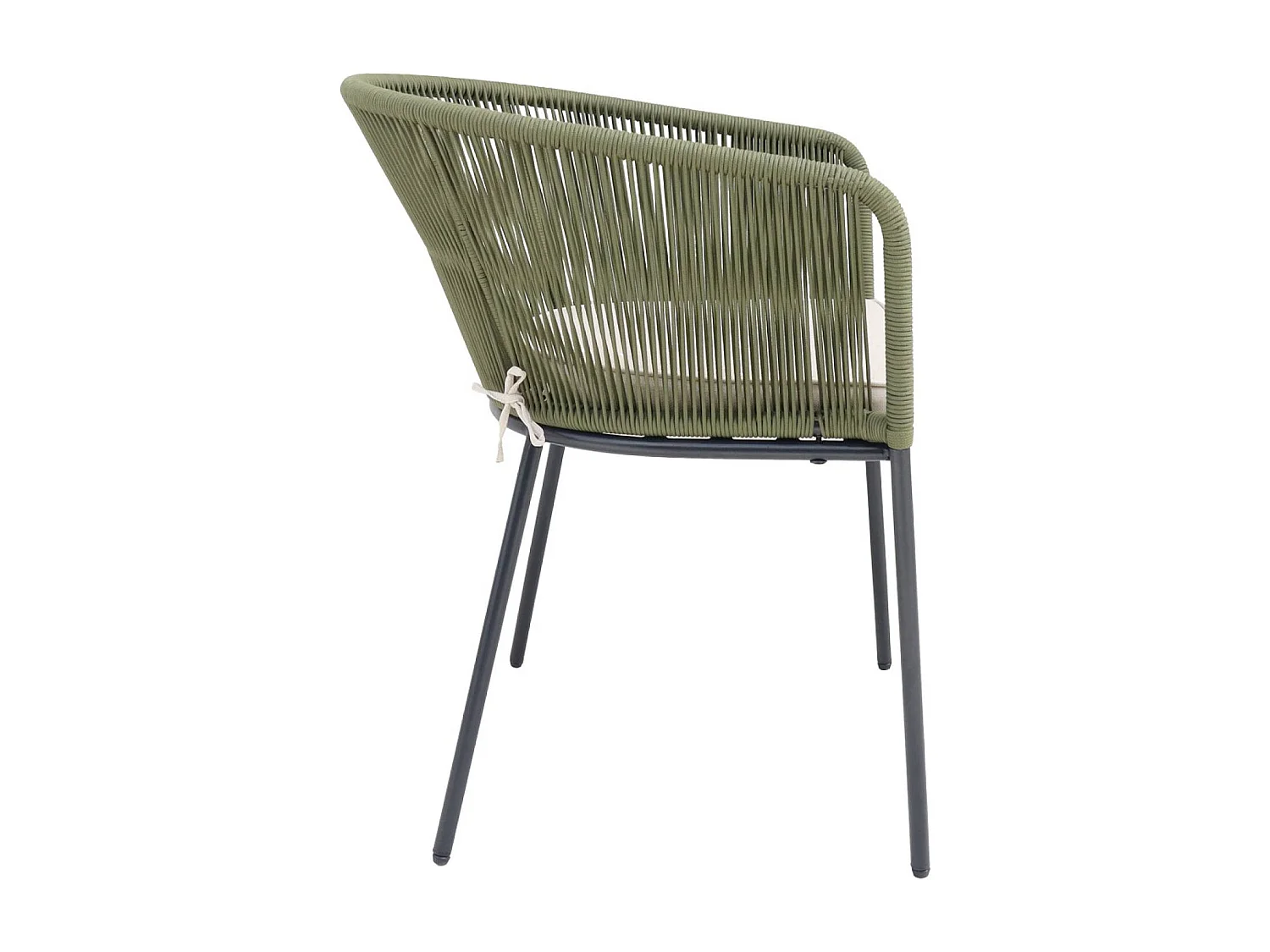 Lot de 4 fauteuils de jardin en corde kaki et acier galvanisé. coussins beige