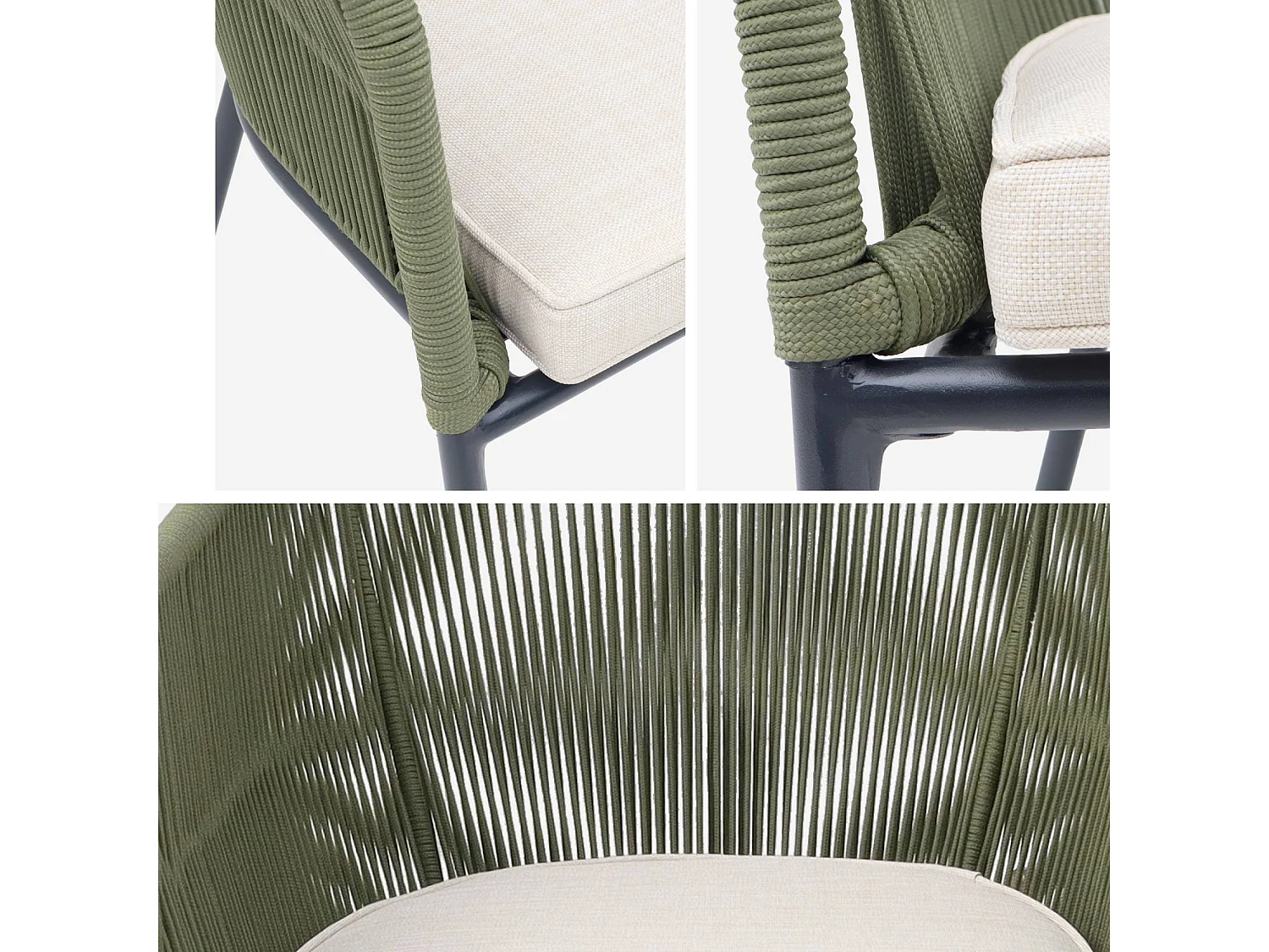 Lot de 4 fauteuils de jardin en corde kaki et acier galvanisé. coussins beige