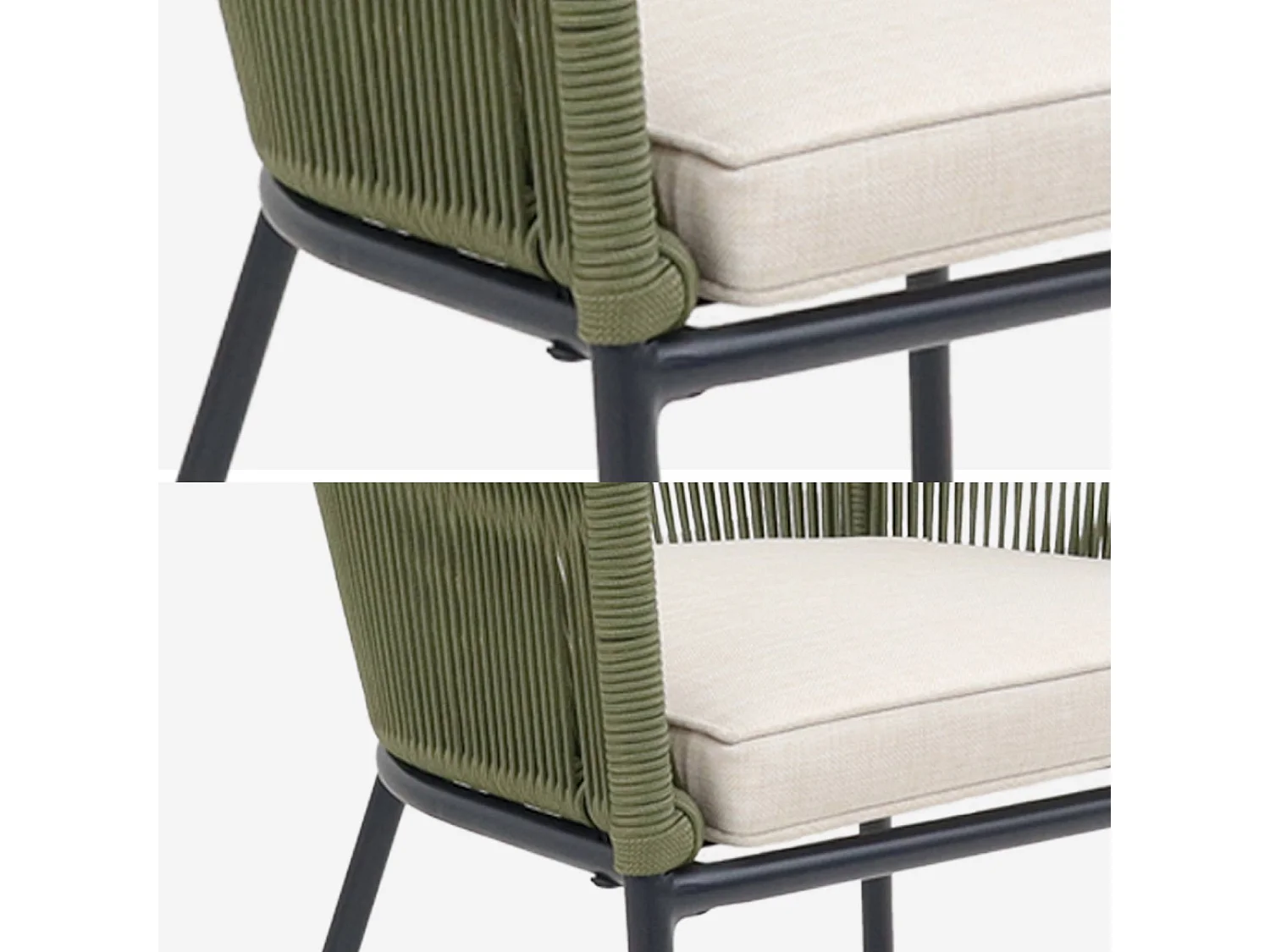 Lot de 4 fauteuils de jardin en corde kaki et acier galvanisé. coussins beige