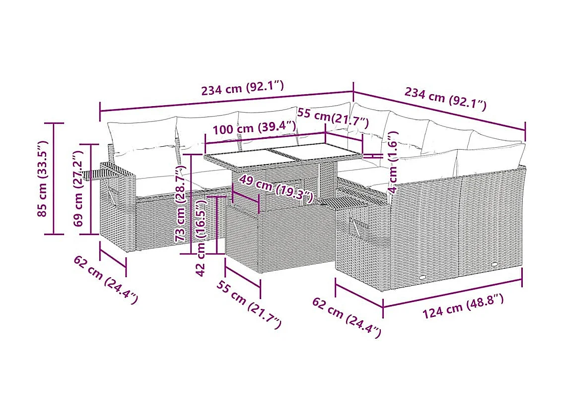 9-delige Loungeset met kussens poly rattan zwart