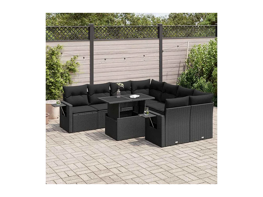 Set Divani da Giardino 9 pz con Cuscini Nero in Polyrattan