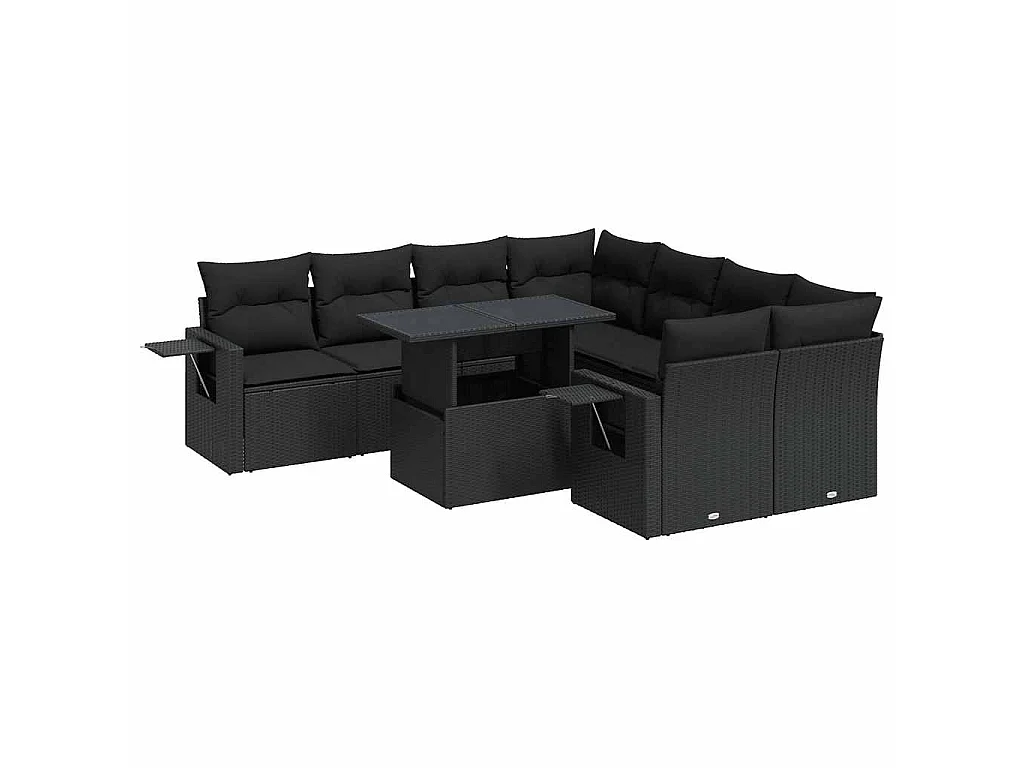 9-tlg. Garten-Sofagarnitur mit Kissen Schwarz Poly Rattan