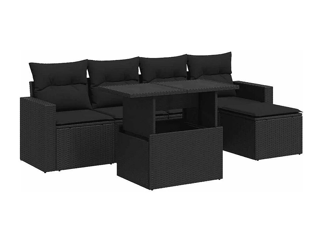 6 pcs conjunto sofás de jardim c/ almofadões vime PE preto