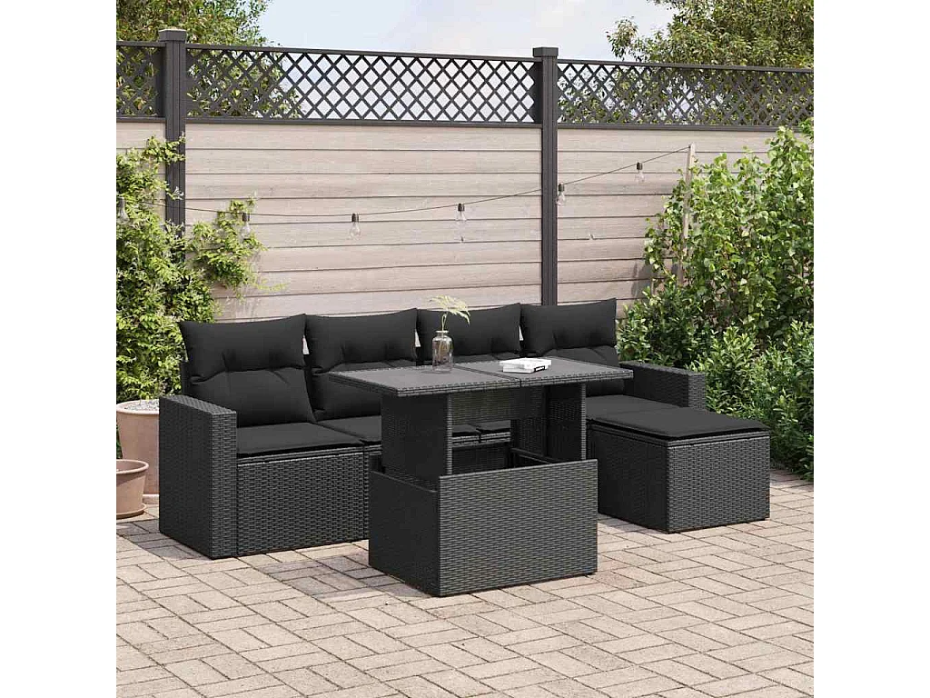6 pcs conjunto sofás de jardim c/ almofadões vime PE preto