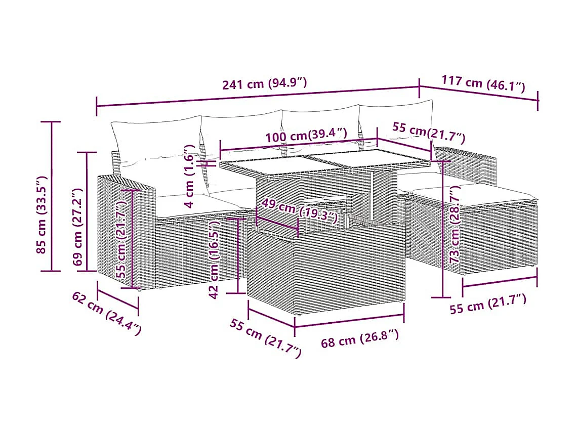 6 pcs conjunto sofás de jardim c/ almofadões vime PE preto