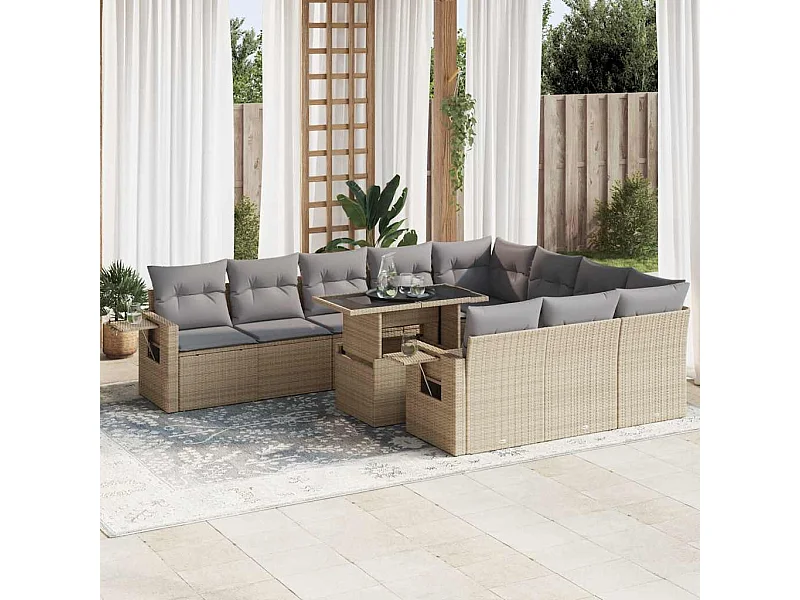 Salon de jardin 11 pcs avec coussins beige résine tressée