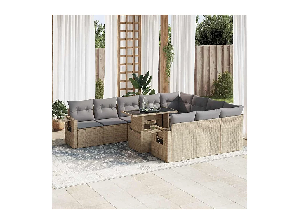 Set Divani da Giardino 11 pz con Cuscini Beige in Polyrattan