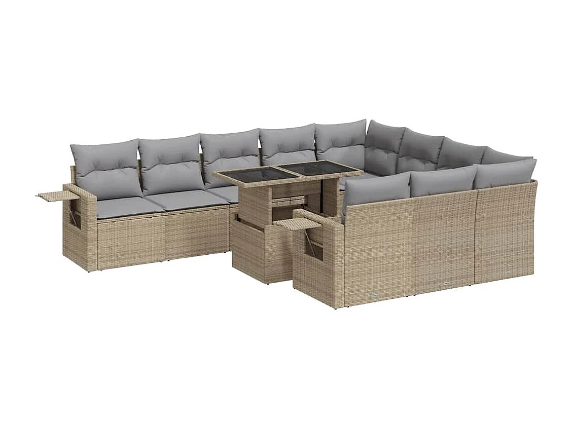 11-tlg. Garten-Sofagarnitur mit Kissen Beige Poly Rattan