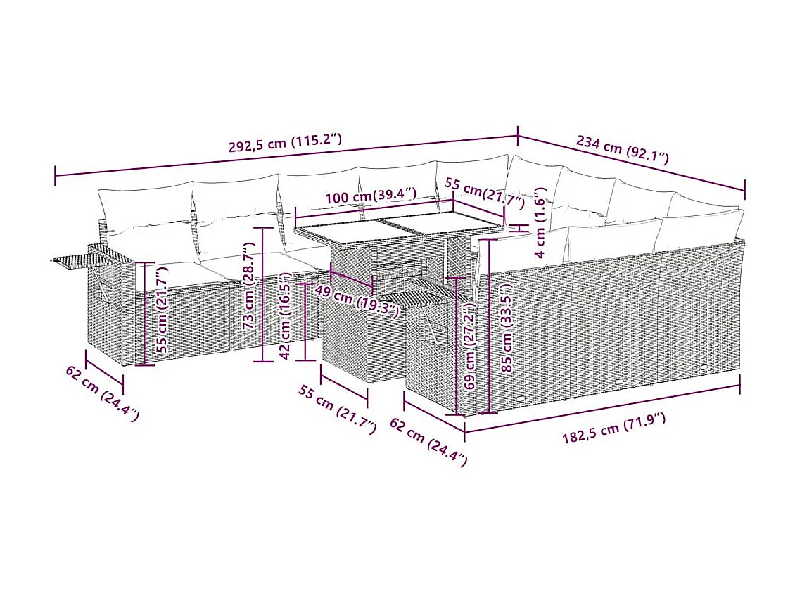 11-tlg. Garten-Sofagarnitur mit Kissen Beige Poly Rattan