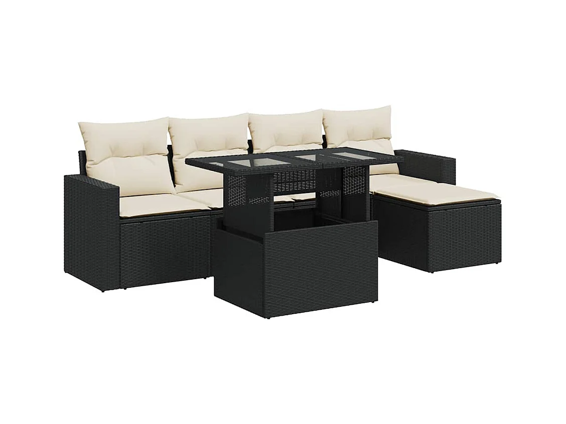 6-tlg. Garten-Sofagarnitur mit Kissen Schwarz Poly Rattan