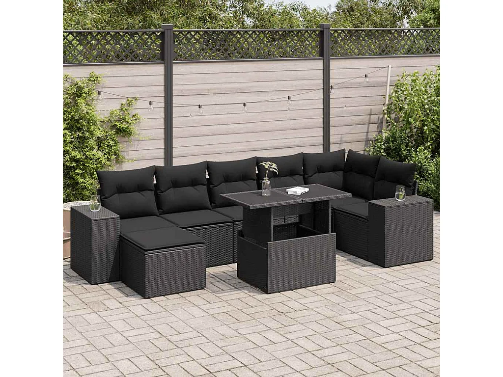 Salon de jardin 8 pcs avec coussins noir résine tressée
