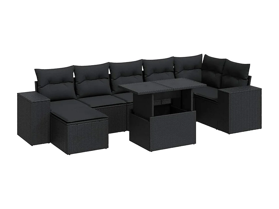 Salon de jardin 8 pcs avec coussins noir résine tressée