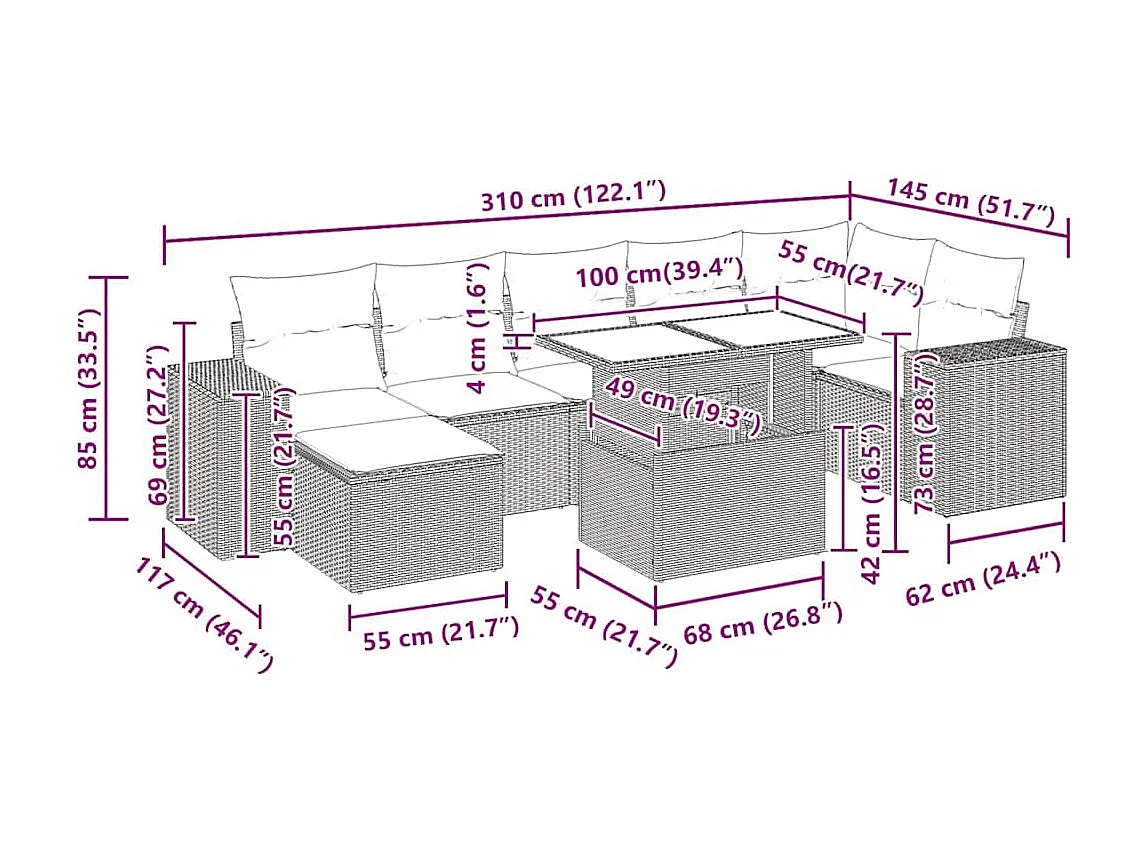 Salon de jardin 8 pcs avec coussins noir résine tressée