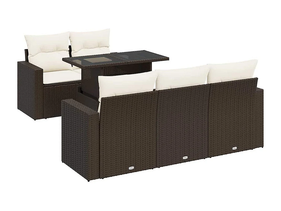 6-delige Loungeset met kussens poly rattan bruin