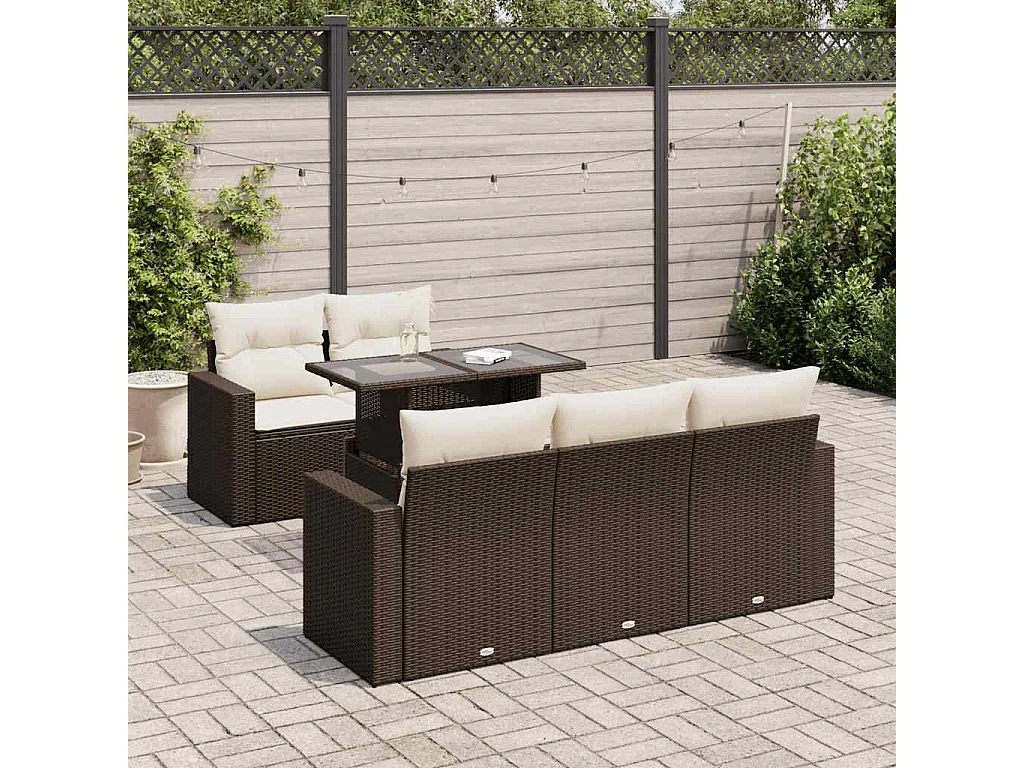 6-delige Loungeset met kussens poly rattan bruin