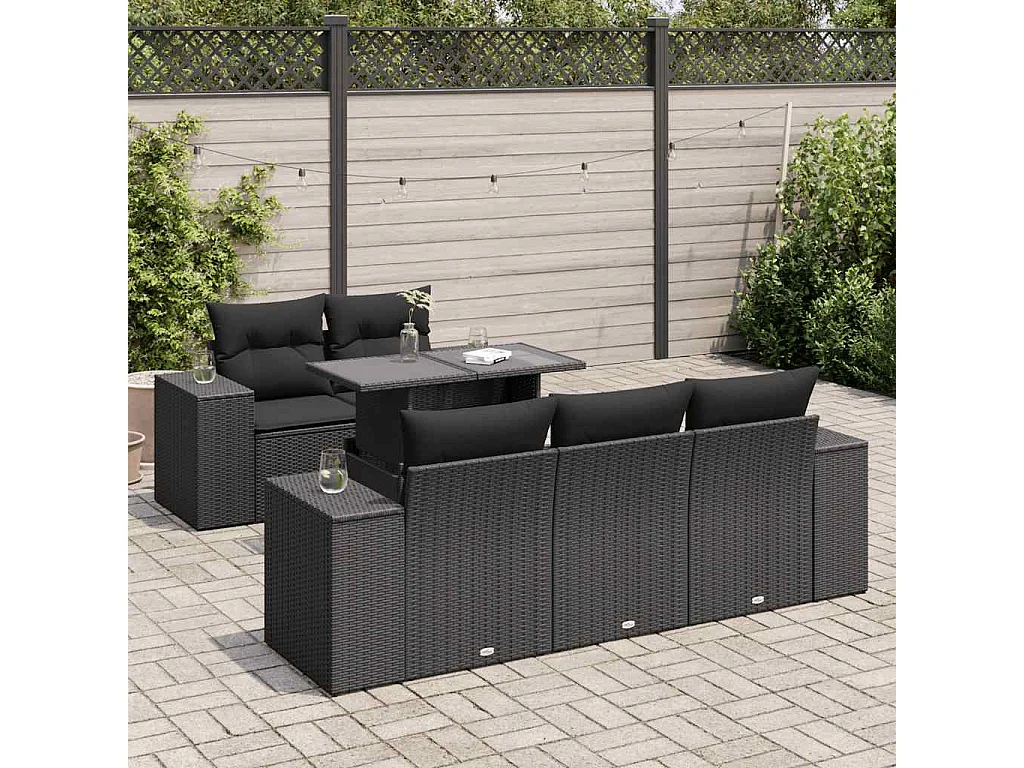 Set Divano da Giardino 6 pz con Cuscini Nero in Polyrattan