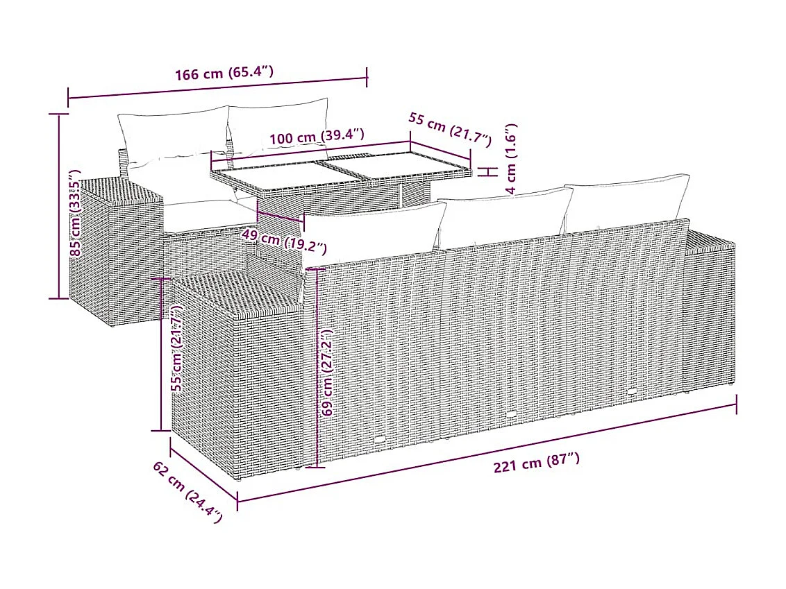 Salon de jardin 6 pcs avec coussins noir résine tressée
