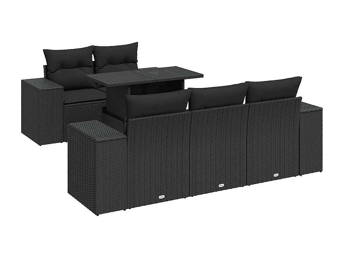 6-delige Loungeset met kussens poly rattan zwart