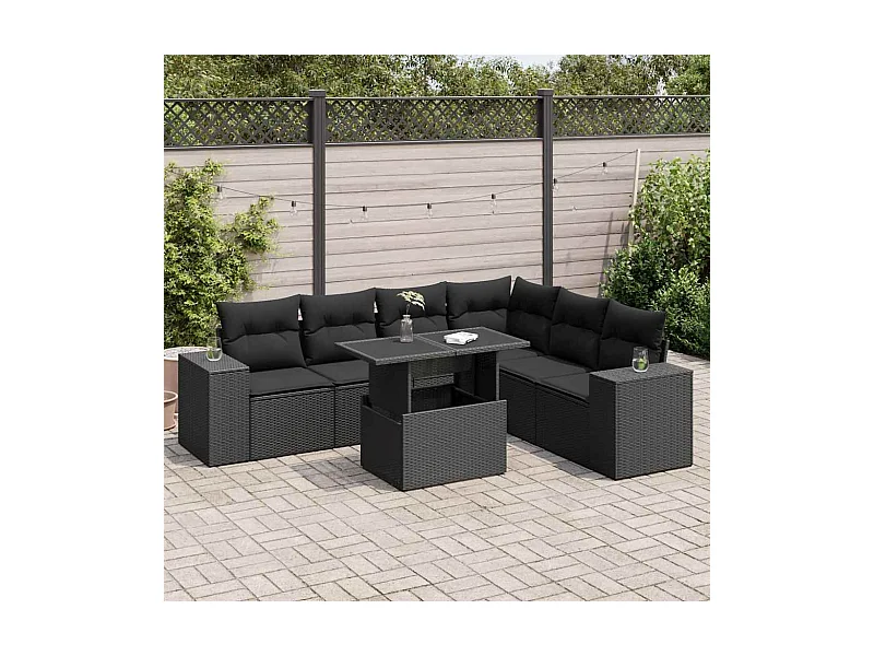 7-tlg. Garten-Sofagarnitur mit Kissen Schwarz Poly Rattan