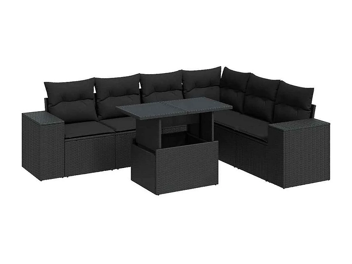 7-tlg. Garten-Sofagarnitur mit Kissen Schwarz Poly Rattan