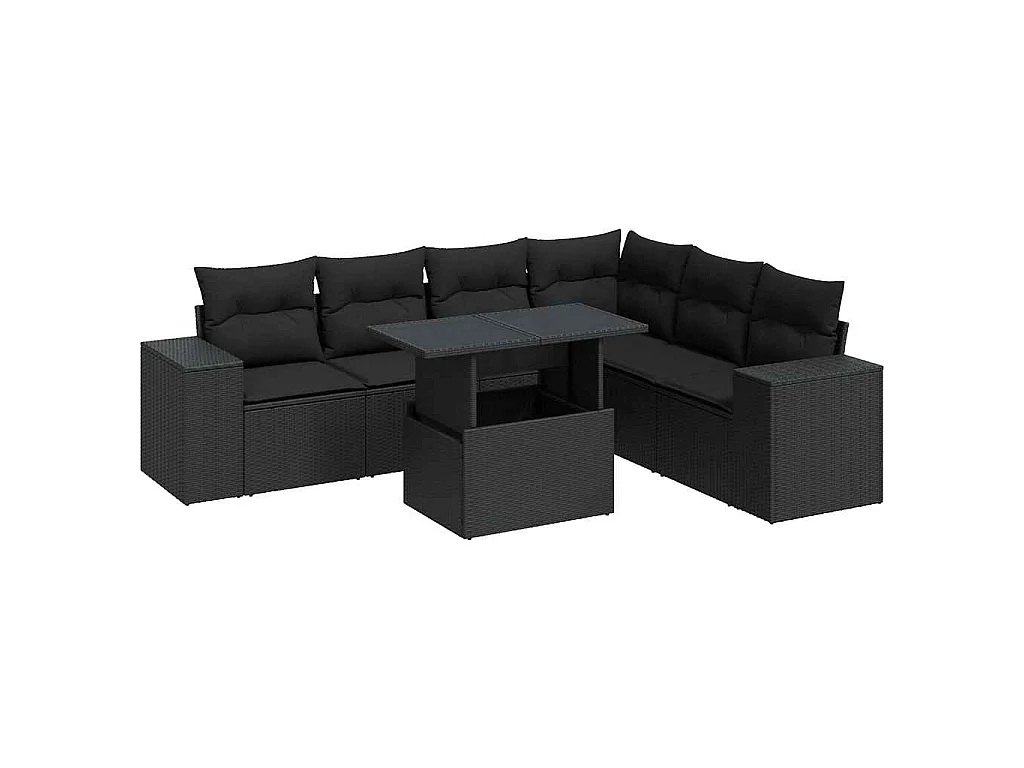 7 pcs conjunto de sofás p/ jardim c/ almofadões vime PE preto