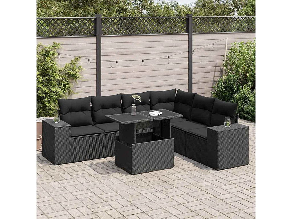7 pcs conjunto de sofás p/ jardim c/ almofadões vime PE preto