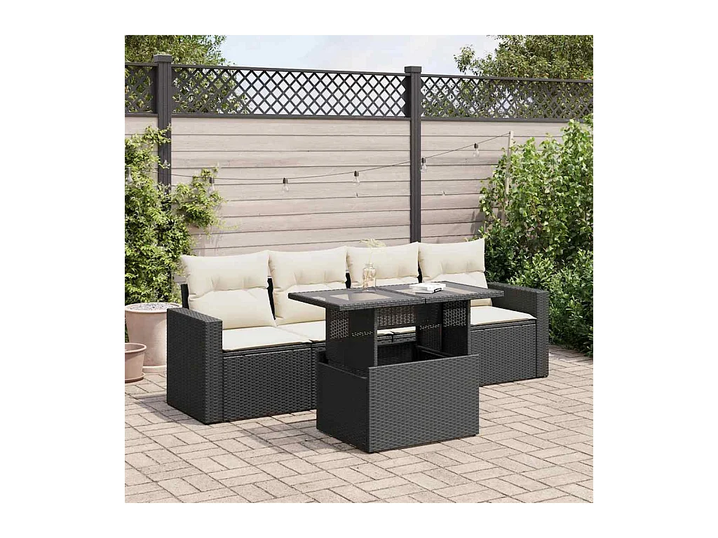 5 pcs conjunto sofás de jardim com almofadões vime PE preto