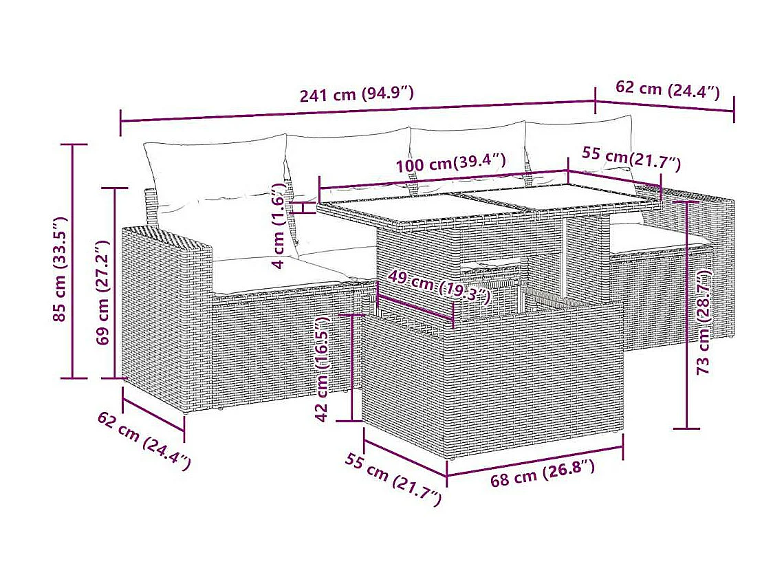 Set de muebles de jardín 5 pzas y cojines ratán sintético negro