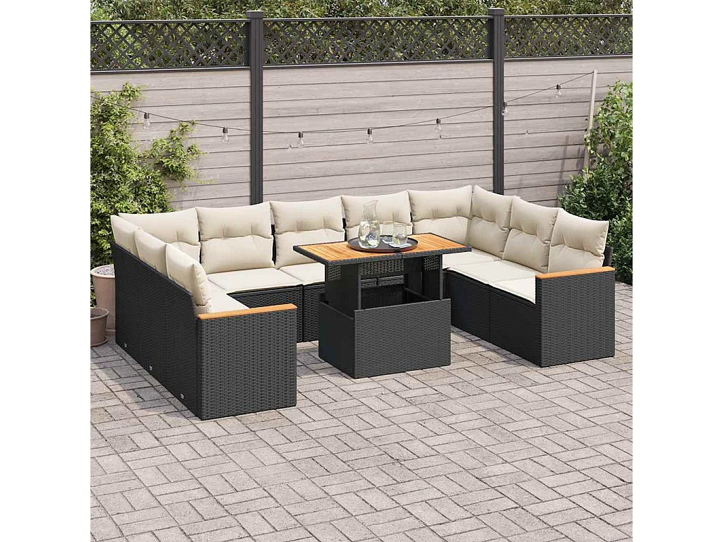 10-delige Loungeset met kussens poly rattan acacia zwart