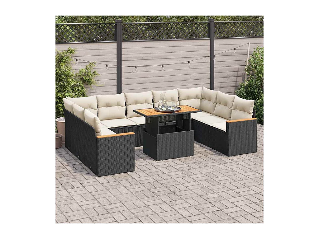 Salon de jardin 10 pcs avec coussins noir résine tressée acacia