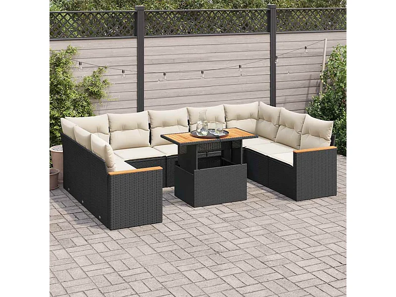 Salon de jardin 10 pcs avec coussins noir résine tressée acacia
