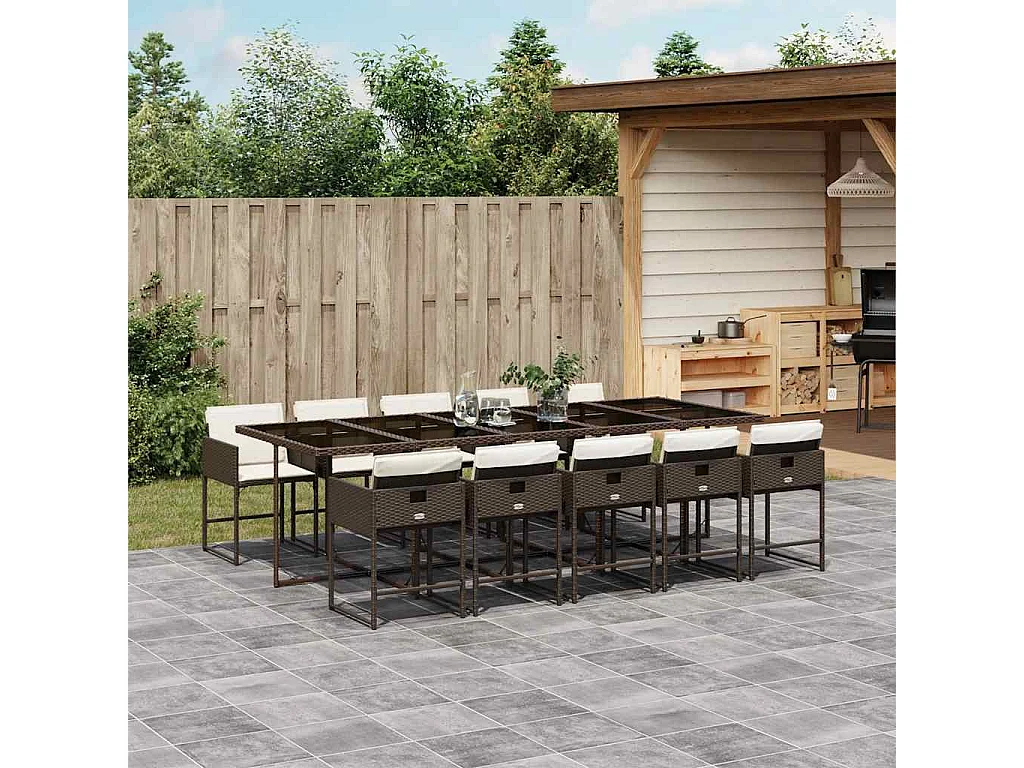 11 pcs conjunto jantar p/ jardim c/ almofadões vime PE castanho