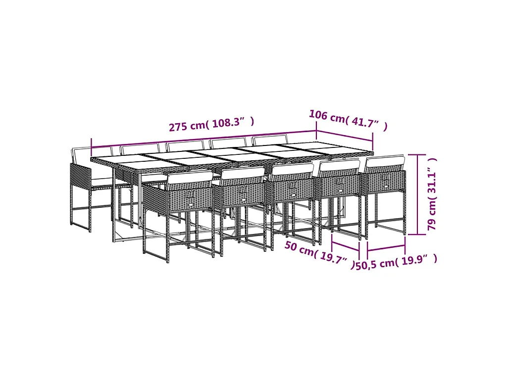 11 pcs conjunto jantar p/ jardim c/ almofadões vime PE castanho