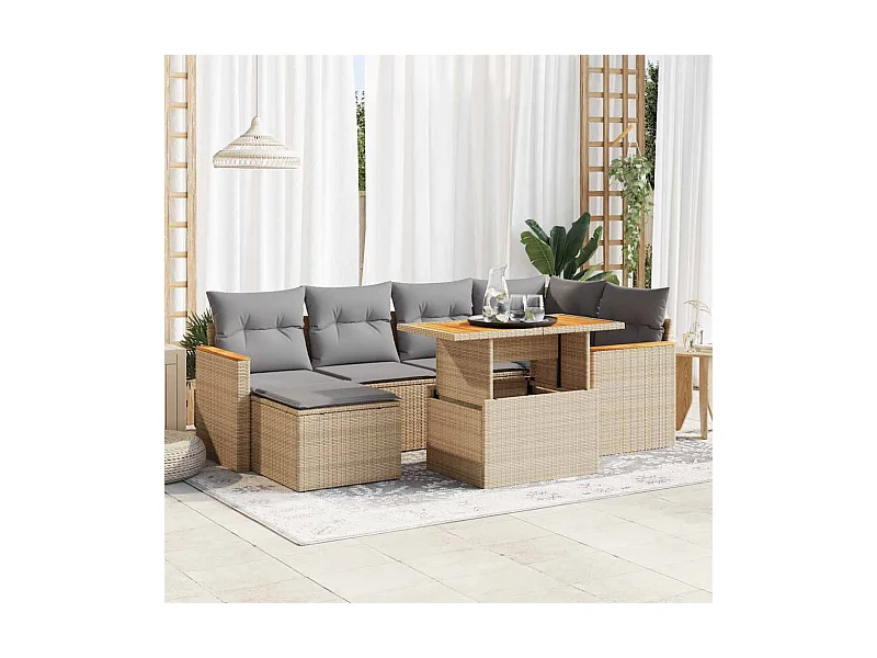 Zestaw modułowych sof ogrodowych z wikliny w kolorze beżowym z poduszkami i schowkiem