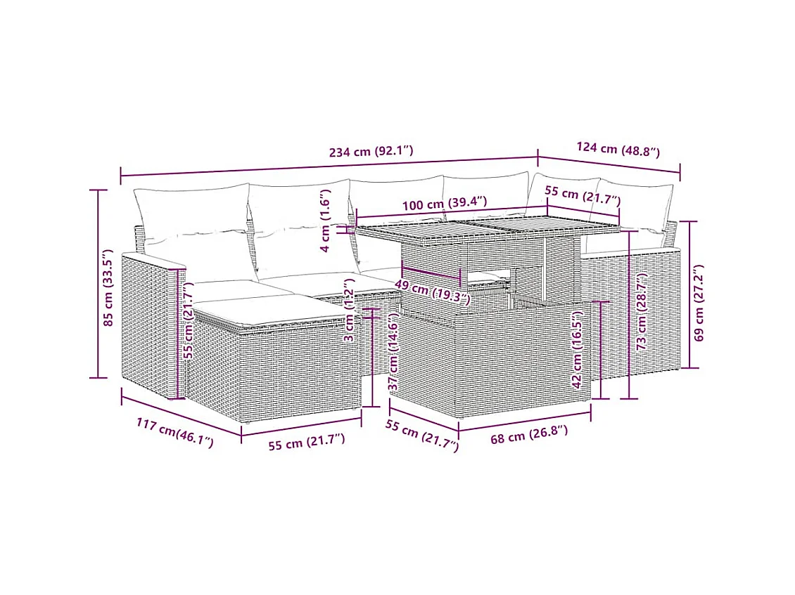 Zestaw modułowych sof ogrodowych z wikliny w kolorze beżowym z poduszkami i schowkiem