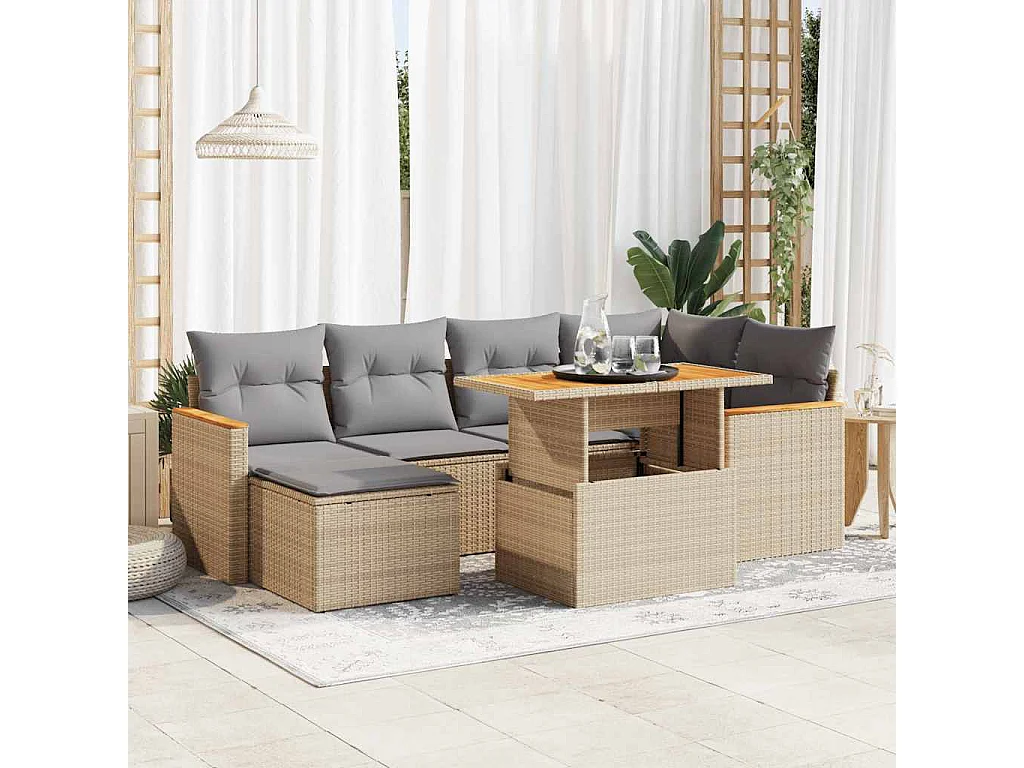 Salon de jardin avec coussins 7 pcs beige résine tressée acacia