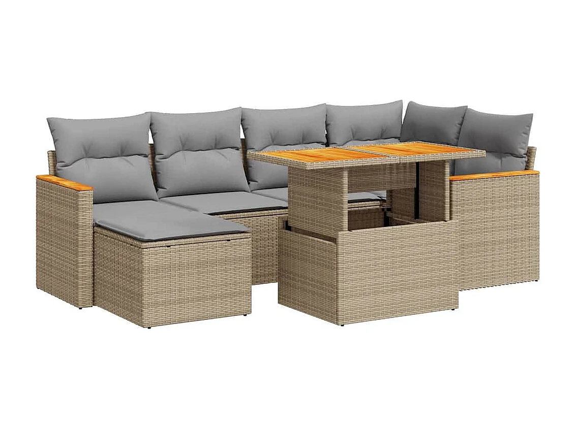 Salon de jardin avec coussins 7 pcs beige résine tressée acacia