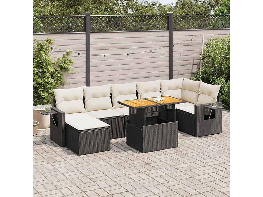 8-delige Loungeset met kussens poly rattan zwart