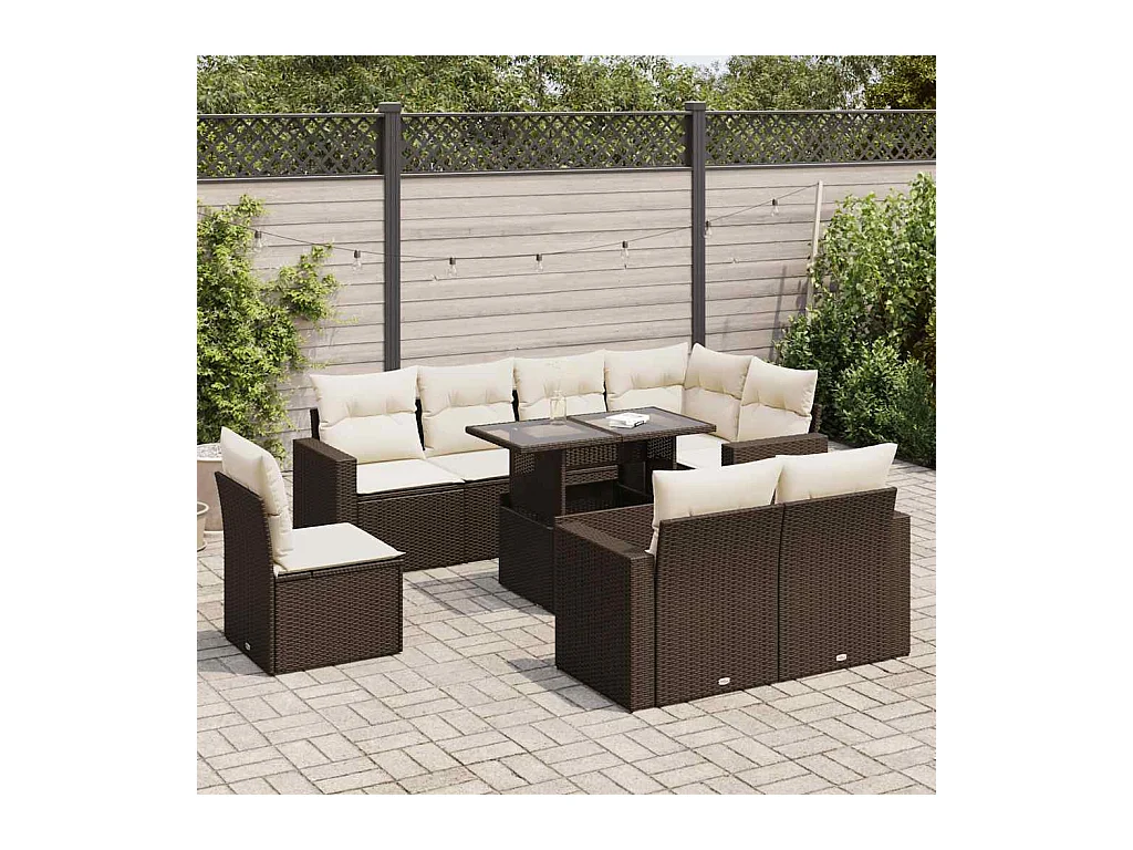 9-tlg. Garten-Sofagarnitur mit Kissen Braun Poly Rattan