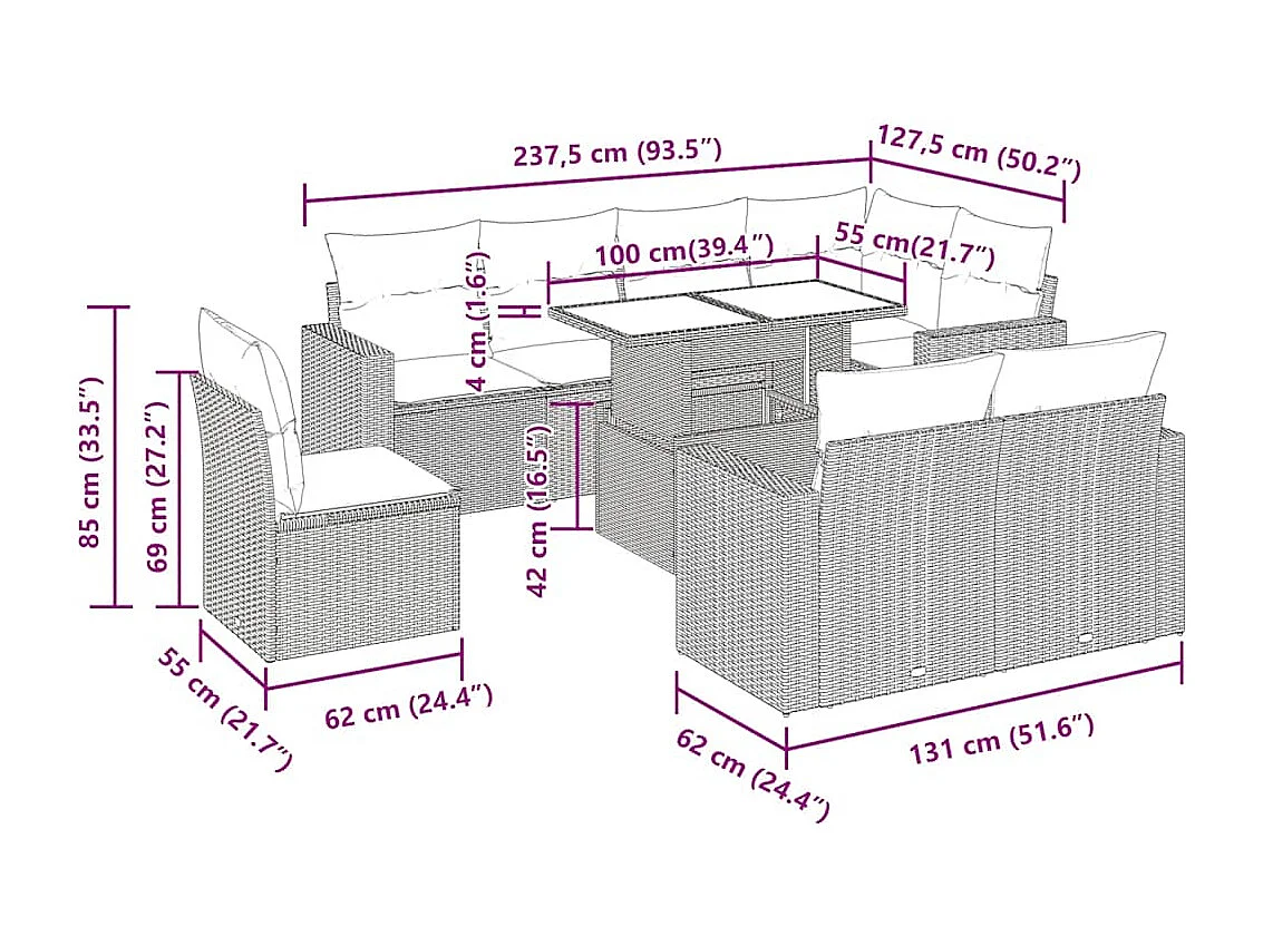 9-tlg. Garten-Sofagarnitur mit Kissen Braun Poly Rattan