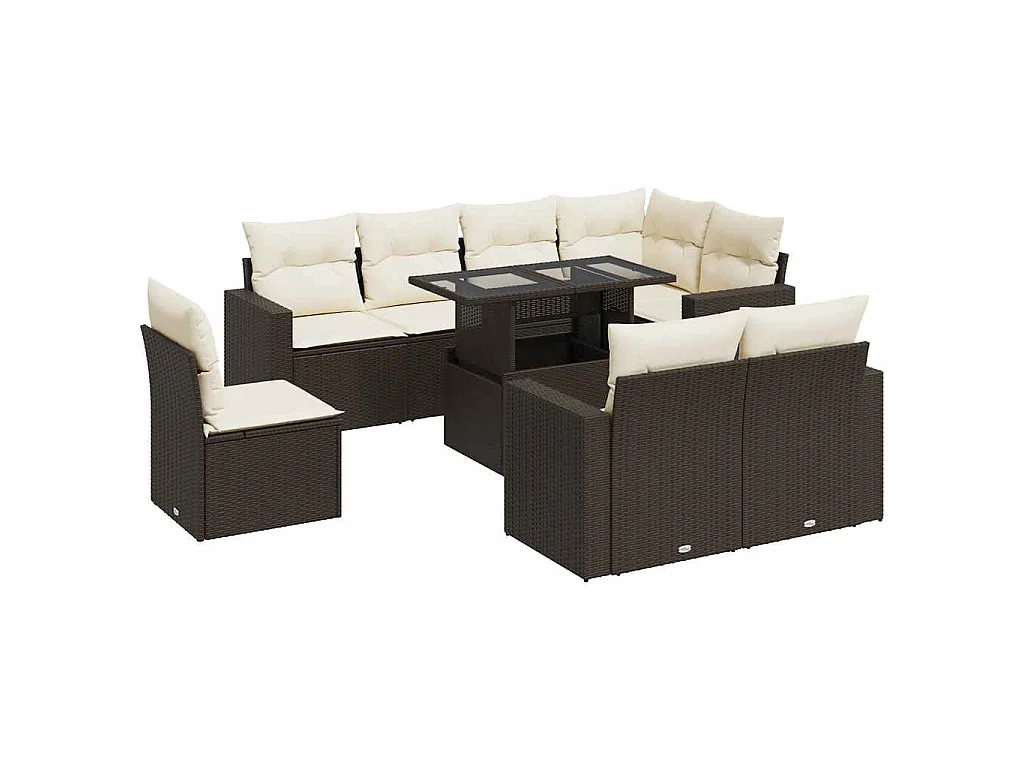 9-delige Loungeset met kussens poly rattan bruin