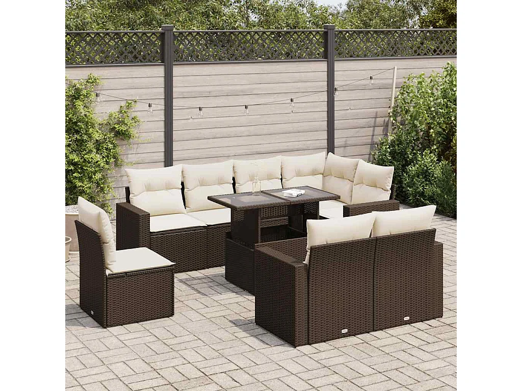 9-delige Loungeset met kussens poly rattan bruin