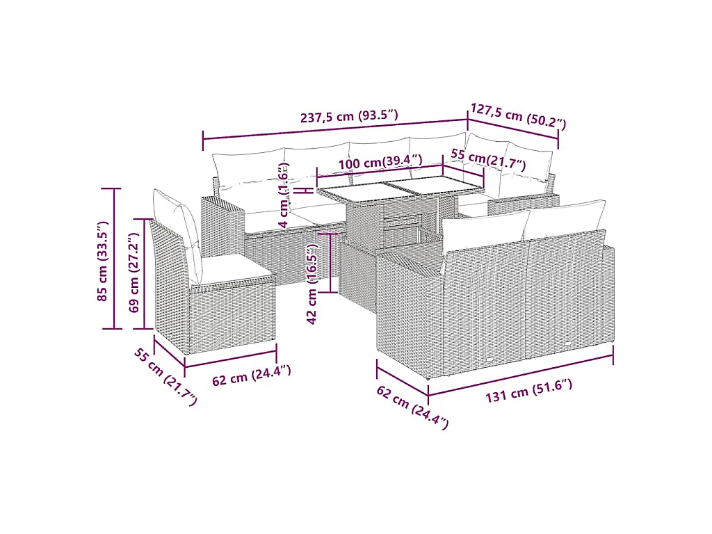 9-delige Loungeset met kussens poly rattan bruin