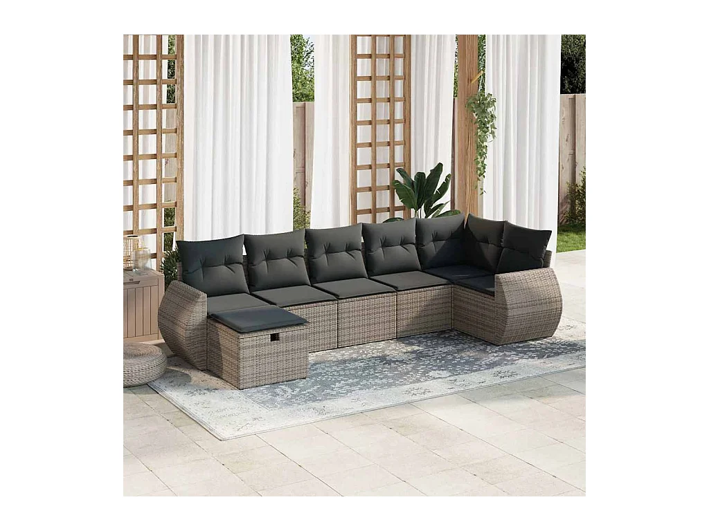 7-tlg. Garten-Sofagarnitur mit Kissen Grau Poly Rattan